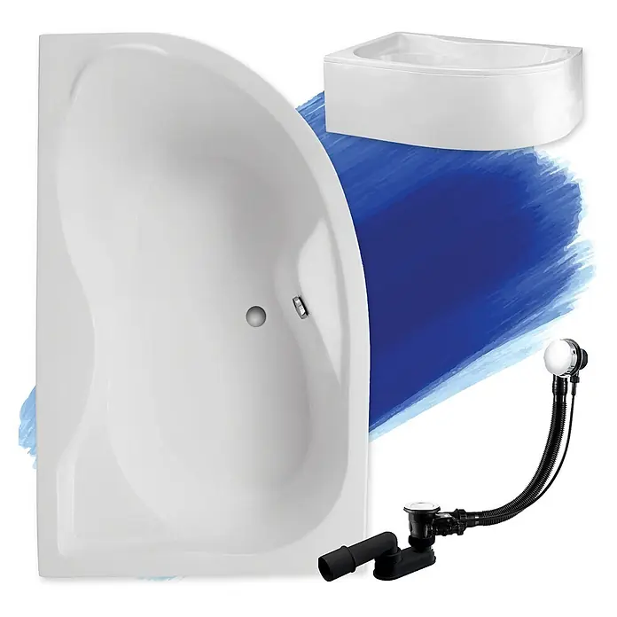 Bad Land Eckbadewanne - L x B: 170 x 110 cm, Sanitäracryl, Weiß - Weiße Eckbadewanne mit Ablauf- und Überlaufgarnitur sowie einem kleineren Eckwaschbecken.
