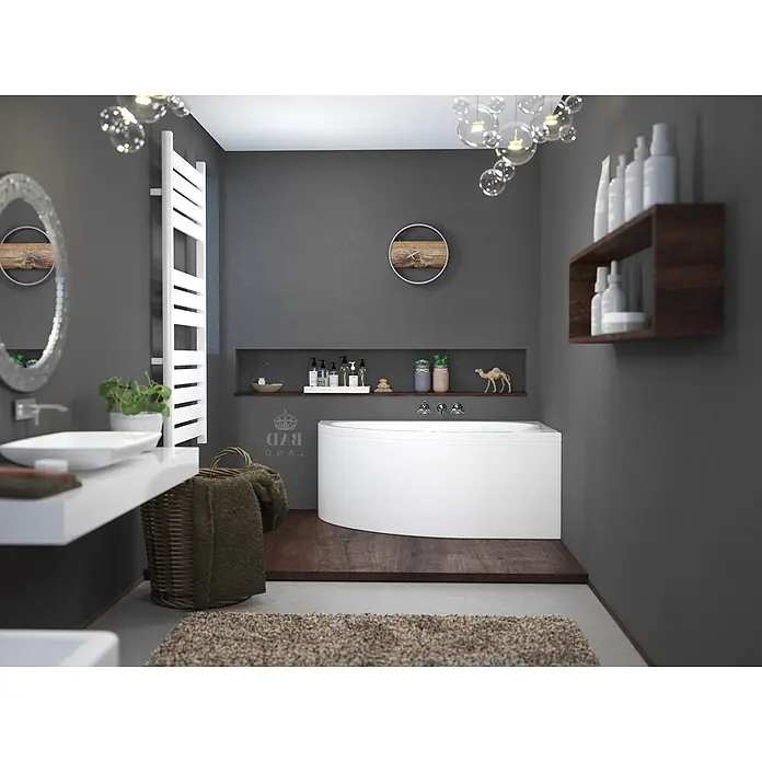 Bad Land Eckbadewanne STANDARD Acryl-Eckwanne 130 x 85 cm rechts Weiß - Sanitäracryl, Weiß - Modernes Badezimmer mit dunkelgrauen Wänden, einer weißen Eckbadewanne auf Holzpodest, schwebendem Waschtisch und eleganter Beleuchtung.