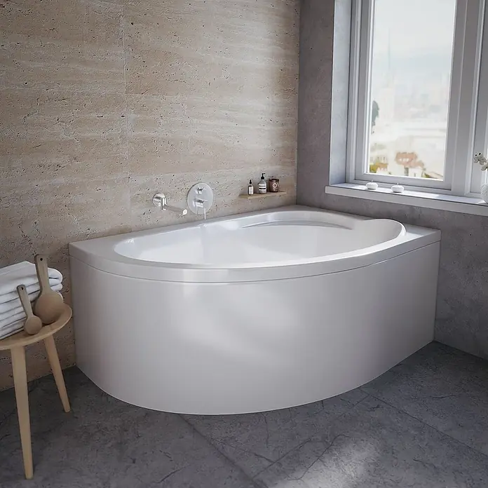 Bad Land Eckbadewanne STANDARD Acryl-Eckwanne 130 x 85 cm rechts Weiß - Sanitäracryl, Weiß - Weiße Eckbadewanne mit geschwungener Front und Armaturen, in einem modernen Badezimmer installiert.