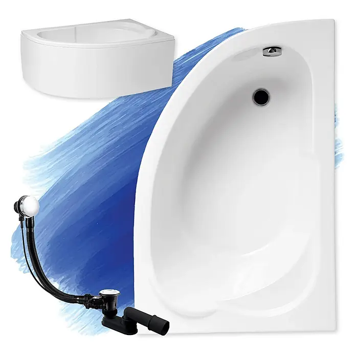 Bad Land Eckbadewanne - L x B: 130 x 85 cm, Sanitäracryl, Weiß - Zwei weiße Badewannen (Eck- und D-Form) mit einem schwarzen Ab- und Überlaufsystem.