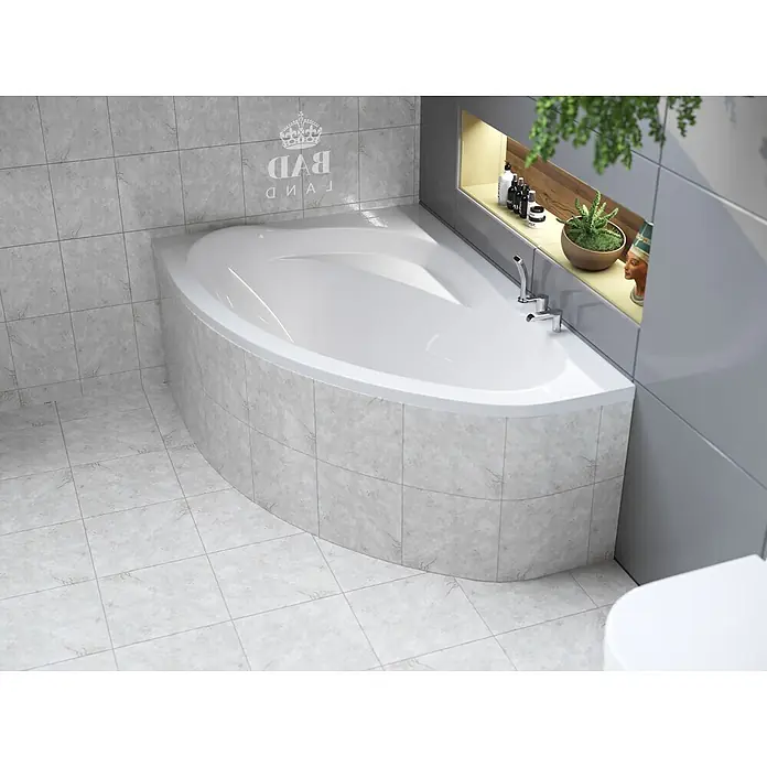 Bad Land Eckbadewanne MAREA Acryl-Eckwanne 150 x 100 cm links Weiß - L x B: 150 x 100 cm, Sanitäracryl, Weiß - Weiße Eckbadewanne mit integrierten Chromarmaturen und einer Nische darüber.