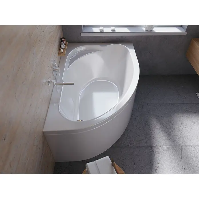 Bad Land Eckbadewanne STANDARD Acryl-Eckwanne 130 x 85 cm rechts Weiß - Sanitäracryl, Weiß - Weiße Acryl-Eckbadewanne mit Chromarmatur in einem modernen Badezimmer, mit geschwungenem Design zur Raumoptimierung.