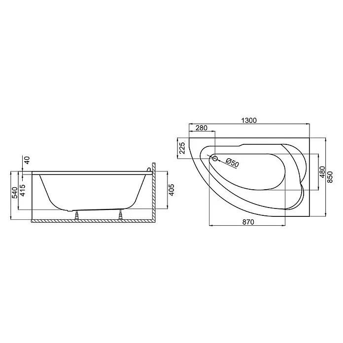 Bad Land Eckbadewanne STANDARD Acryl-Eckwanne 130 x 85 cm rechts Weiß - Sanitäracryl, Weiß - Technische Zeichnung einer asymmetrischen Badewanne mit Seiten- und Draufsicht, einschließlich Gesamt- und Innenmaßen.