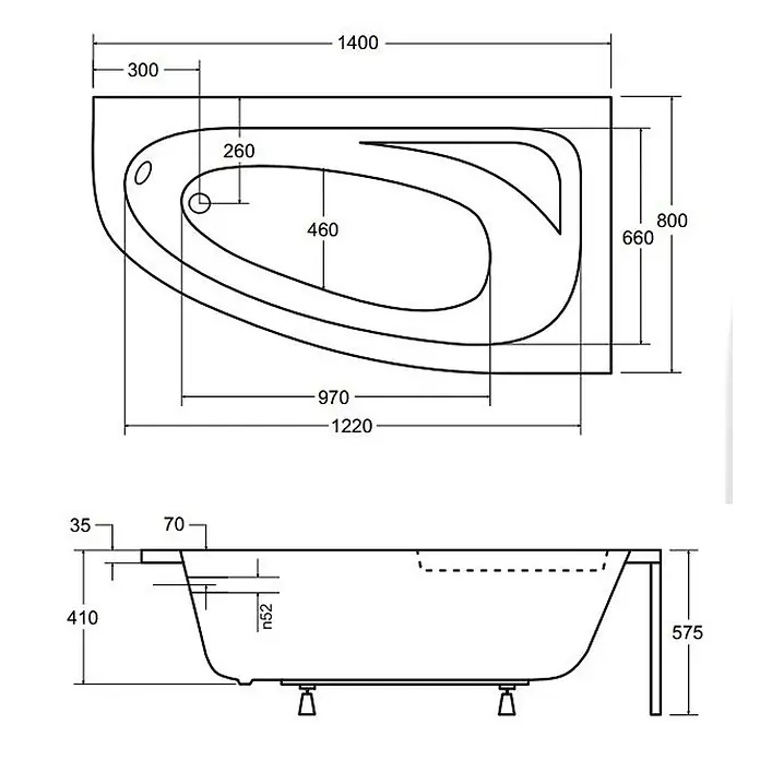 Bad Land Eckbadewanne CORNEA Acryl-Eckwanne 140 x 80 cm rechts Weiß - L x B: 140 x 80 cm, Sanitäracryl, Weiß - Technische Zeichnung einer weißen Badewanne mit Maßen, Draufsicht und Seitenansicht.