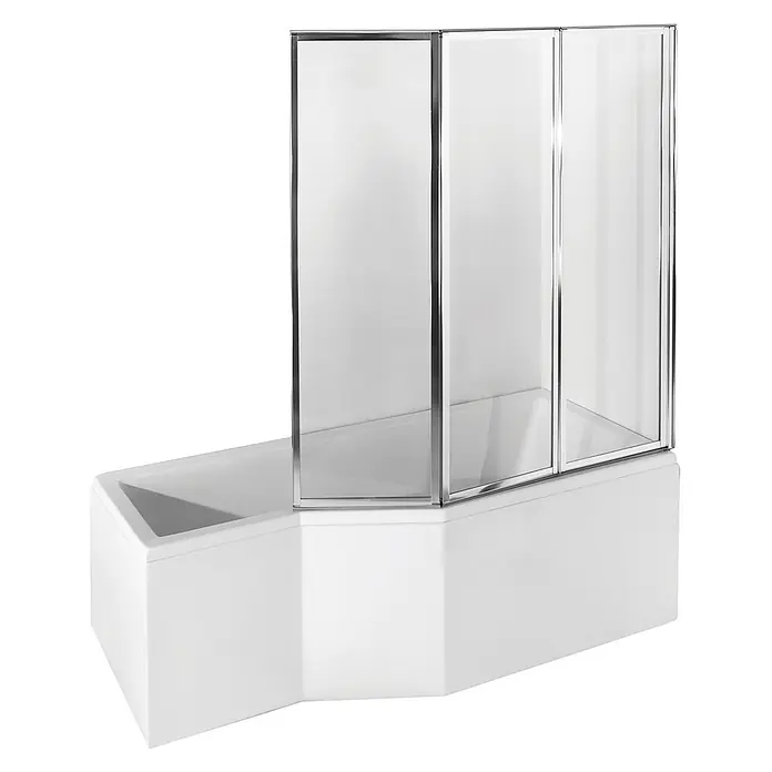 Bad Land Badewannenaufsatz Wannenaufsatz 3-tlg. AMBITION PREMIUM 130x140 cm ESG 4 mm Glas Silber - 3 Stk., Transparent / Silber - Weißer abgewinkelter Badewanne mit mehrteiliger Klarglas-Duschwand und Chromrahmen.
