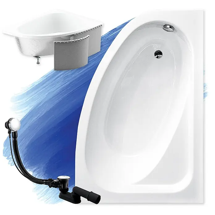 Bad Land Eckbadewanne - L x B: 140 x 80 cm, Sanitäracryl, Weiß - Weiße Eckbadewanne, weiße Rechteckbadewanne und ein schwarz/verchromtes Badewannenablaufset.