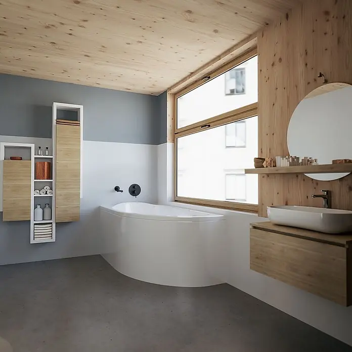 Bad Land Eckbadewanne MIKI Acryl-Eckwanne 145 x 85 cm links Weiß - Sanitäracryl, Weiß - Modernes Bad mit Holzverkleidung, weißer Badewanne, schwebendem Holzwaschtisch mit Becken und hohem Schrank, grauer Boden.