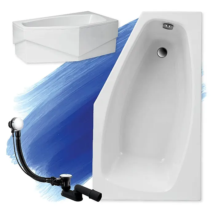 Bad Land Eckbadewanne - L x B: 140 x 80 cm, Sanitäracryl, Weiß - Weiße Eck- und Rechteckbadewannen mit schwarzem Ablaufgarniturset vor blauem Pinselstrichhintergrund.