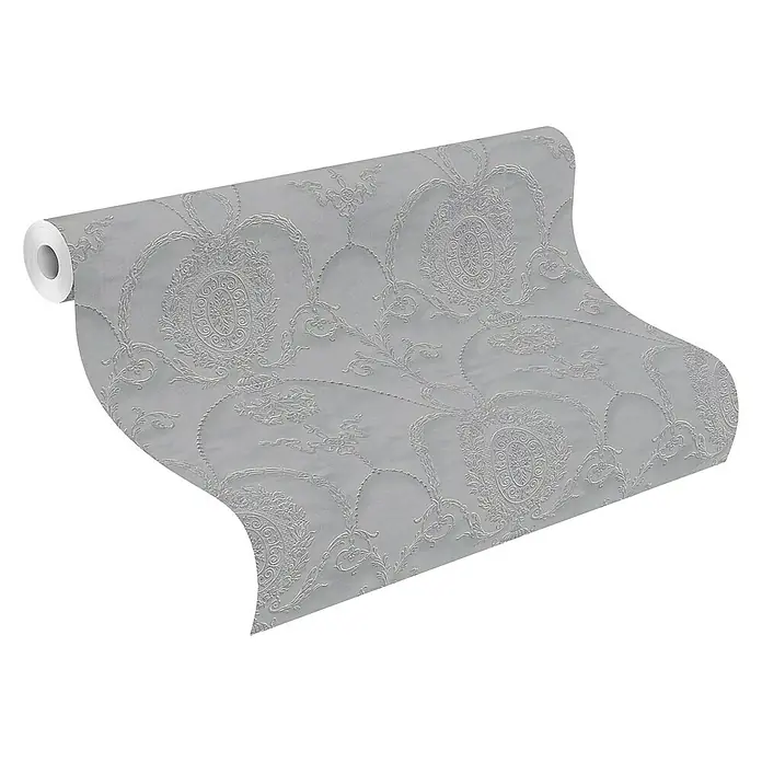 Rasch Trianon Vliestapete II - Dunkelgrau, Ornament, 10,05 x 0,53 m - Ein Rolle grauer Tapete mit einem filigranen, floralen Muster, das eine elegante und stilvolle Wandgestaltung ermöglicht.