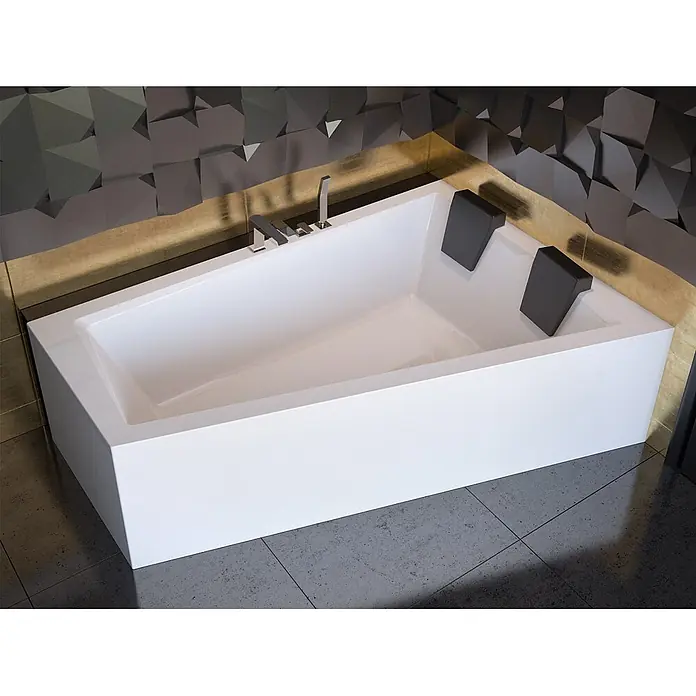 Bad Land Eckbadewanne INTIMA Acrylwanne 170 x 125 cm rechts Weiß m. Styroporverkl., schw. Ablauf - Sanitäracryl, Weiß - Weiße moderne Badewanne mit Chromarmaturen und schwarzen Kopfstützen, in einem zeitgenössischen Badezimmer.