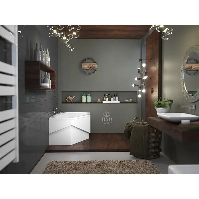 Bad Land Eckbadewanne MARIKA Acryl-Eckwanne 140 x 80 cm rechts Weiß - L x B: 140 x 80 cm, Sanitäracryl, Weiß - Modernes Badezimmer mit weißer geometrischer Badewanne, dunklem Holzwaschtisch mit Waschbecken und dekorativen Regalen.
