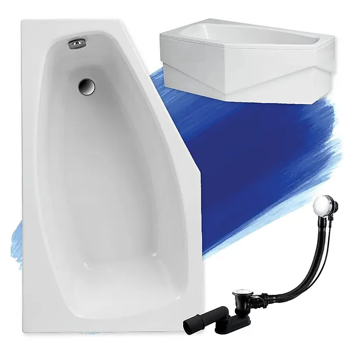 Bad Land Eckbadewanne - L x B: 140 x 80 cm, Sanitäracryl, Weiß - Weiße asymmetrische Badewanne, Eckbadewanne und schwarze Ablaufgarnitur.