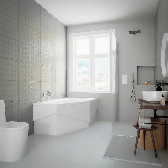 Bad Land Eckbadewanne MARIKA Acryl-Eckwanne 140 x 80 cm rechts Weiß - L x B: 140 x 80 cm, Sanitäracryl, Weiß - Modernes Badezimmer mit weißer Badewanne und grauen gemusterten Wandfliesen.