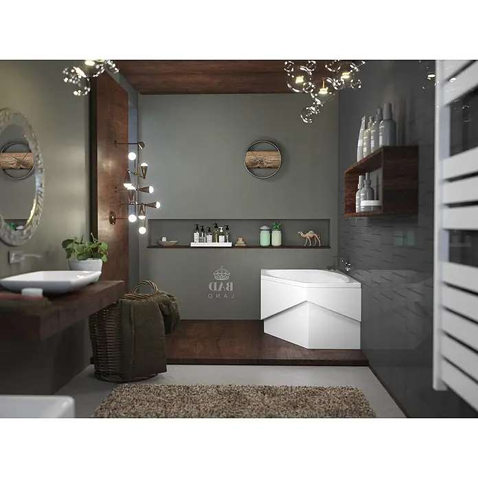 Bad Land Eckbadewanne - L x B: 140 x 80 cm, Sanitäracryl, Weiß - Ein modernes Badezimmer mit weißem Waschbecken, weißer Eckbadewanne und dunklen Holzakzenten vor grauen Wänden.