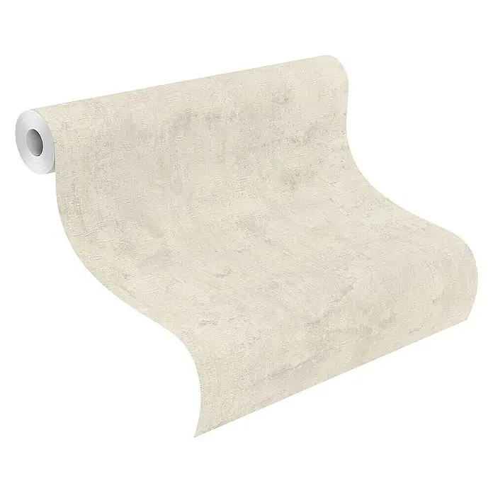 Rasch Tapetenwechsel Vliestapete - Beige, Betonoptik, 10,05 x 0,53 m - Nahaufnahme einer Rolle cremefarbener Tapete mit subtiler Textur, die eine warme und einladende Atmosphäre verspricht.