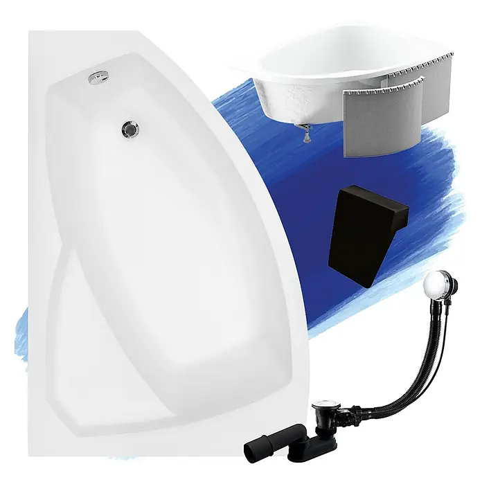 Bad Land Eckbadewanne - L x B: 140 x 90 cm, Sanitäracryl, Weiß - Weiße Badewanne und Eckwanne mit schwarzem Badekissen und verchromtem Ablaufset.