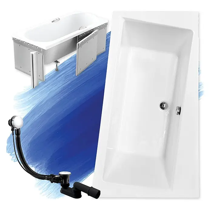 Bad Land Eckbadewanne - L x B: 170 x 110 cm, Sanitäracryl, Weiß - Weißer Rechteckbadewanne mit Metallrahmen und Ablaufgarnitur.