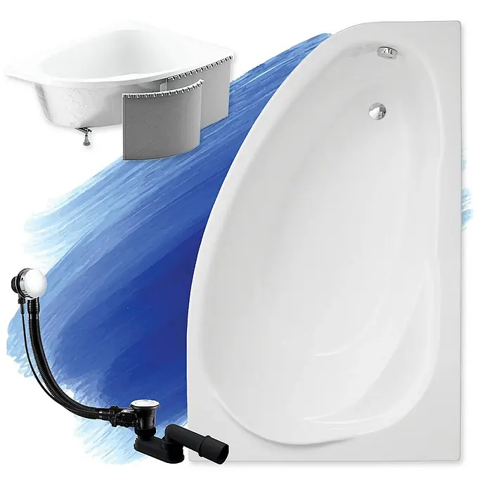 Bad Land Eckbadewanne MAREA Acryl-Eckwanne 150 x 100 cm rechts Weiß, inkl. Styroporverkleidung - Sanitäracryl, Weiß - Weiße Eck- und asymmetrische Badewannen mit schwarzem und verchromtem Ablauf-/Überlaufgarnitur.