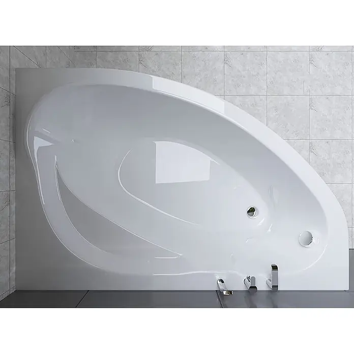 Bad Land Eckbadewanne MAREA Acryl-Eckwanne 150 x 100 cm rechts Weiß, inkl. Styroporverkleidung - Sanitäracryl, Weiß - Weißglänzende asymmetrische Badewanne mit Chromarmaturen, Abfluss und Überlauf.
