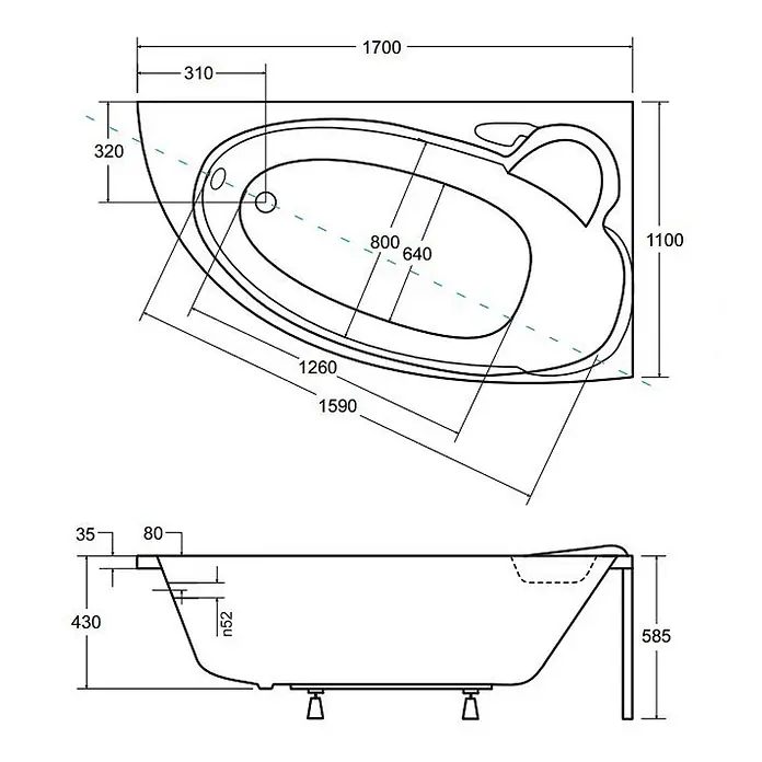 Bad Land Eckbadewanne FINEZJA Acryl-Eckwanne 170 x 110 cm rechts Weiß - L x B: 170 x 110 cm, Sanitäracryl, Weiß - Technische Zeichnung einer asymmetrischen Eckbadewanne mit detaillierten Maßen, mit Draufsicht und Seitenansicht.