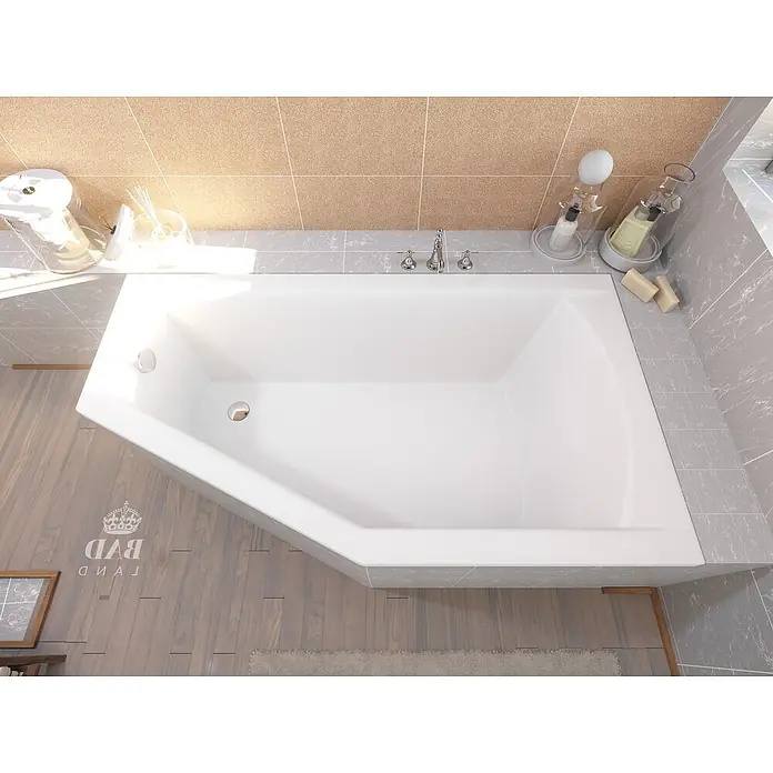 Bad Land Eckbadewanne SELENA Acryl-Eckwanne 160 x 90 cm rechts Weiß - Sanitäracryl, Weiß - Weiße Acryl-Eckbadewanne in einem modernen Badezimmer installiert.