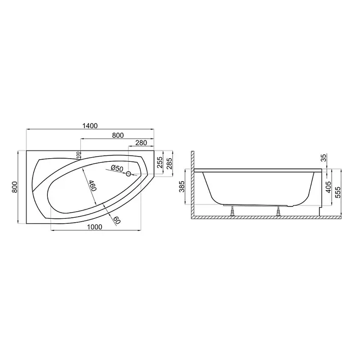 Bad Land Eckbadewanne FRIDA Acryl-Eckwanne 140 x 80 cm links Weiß - Sanitäracryl, Weiß - Technisches Diagramm einer asymmetrischen Badewanne mit Drauf- und Seitenansicht, zeigt Hauptabmessungen wie Länge (1400mm), Breite (800mm) und Höhe (555mm).