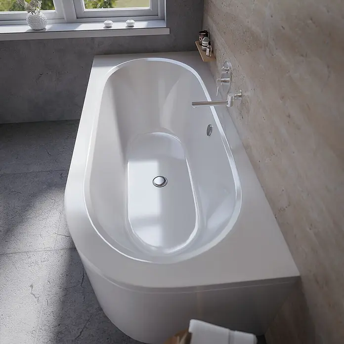 Bad Land Eckbadewanne AVITA Acryl-Eckwanne 180 x 80 cm links Weiß, inkl. Acrylschürze - Sanitäracryl, Weiß - Weiße, moderne Badewanne in einem zeitgenössischen Badezimmer, mit schlankem Design und Chromarmatur.