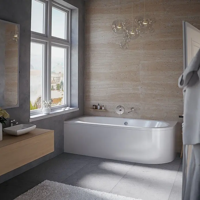 Bad Land Eckbadewanne AVITA Acryl-Eckwanne 180 x 80 cm links Weiß, inkl. Acrylschürze - Sanitäracryl, Weiß - Weiße moderne Badewanne in stilvollem Bad mit großem Fenster, Waschtisch aus Holz und strukturierten Steinwänden.