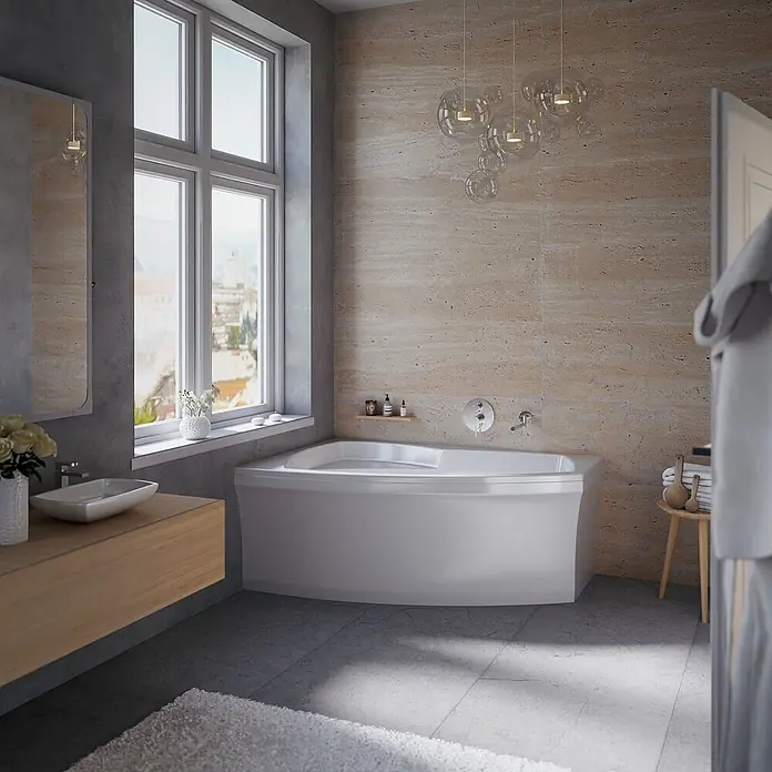 Bad Land Eckbadewanne FRIDA Acryl-Eckwanne 160 x 105 cm links Weiß - Sanitäracryl, Weiß - Weiße Eckbadewanne mit integriertem Sitz in einem modernen Badezimmer.