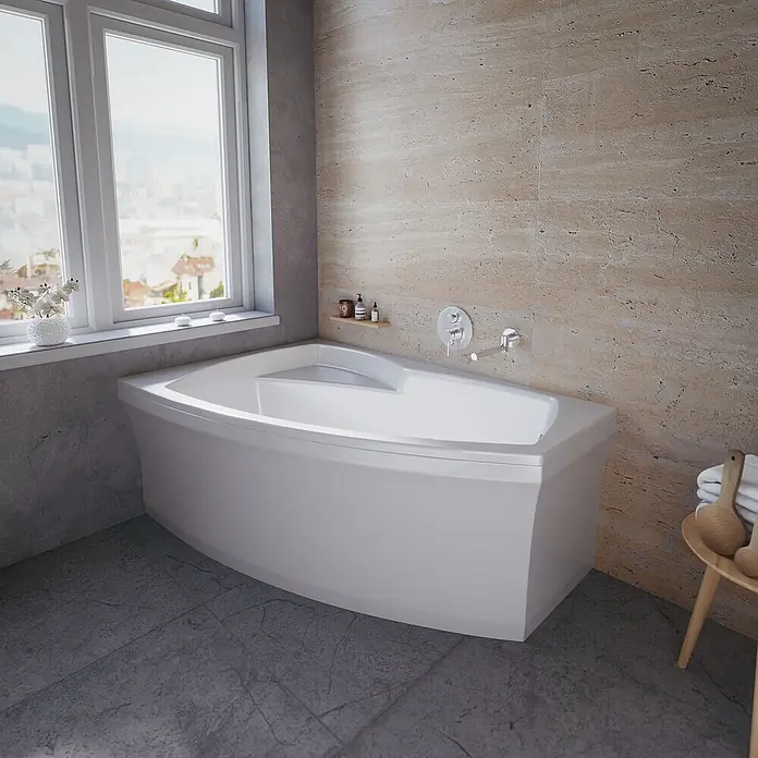 Bad Land Eckbadewanne FRIDA Acryl-Eckwanne 160 x 105 cm links Weiß - Sanitäracryl, Weiß - Weiße Badewanne in modernem Badezimmer.