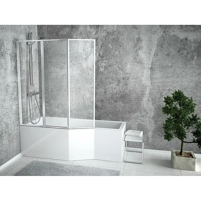 Bad Land Eckbadewanne INTEGRA Acryl-Eckwanne 170 x 75 cm links Weiß - Sanitäracryl, Weiß - Weiße Eckbadewanne mit klarer Glasduschabtrennung, eine funktionale Dusch-Wannen-Kombination bildend.