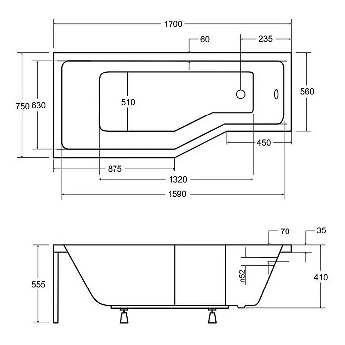 Bad Land Eckbadewanne INTEGRA Acryl-Eckwanne 170 x 75 cm links Weiß - Sanitäracryl, Weiß - Technische Zeichnung einer asymmetrischen Badewanne mit detaillierten Maßen, von oben und der Seite.