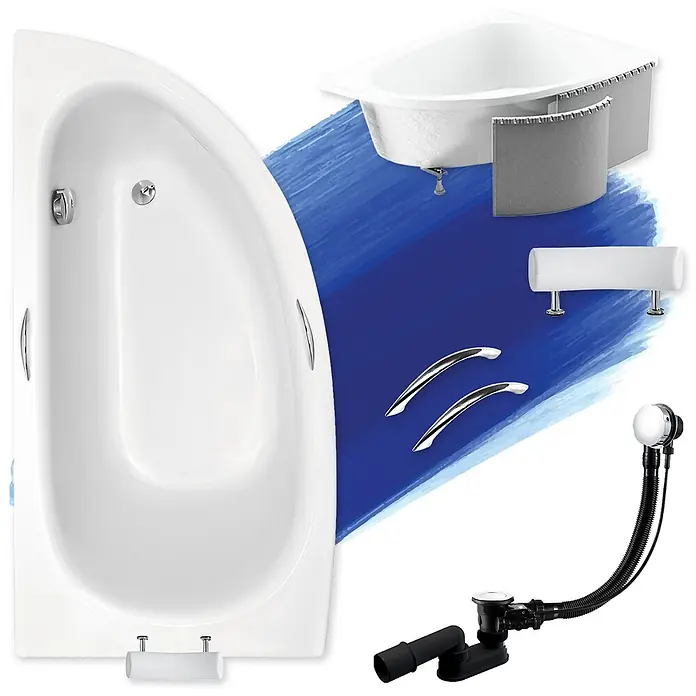 Bad Land Eckbadewanne - L x B: 150 x 70 cm, Sanitäracryl, Weiß - Weiße asymmetrische Badewanne mit Chromgriffen, weißer Kopfstütze und Ablauf-/Überlaufgarnitur.