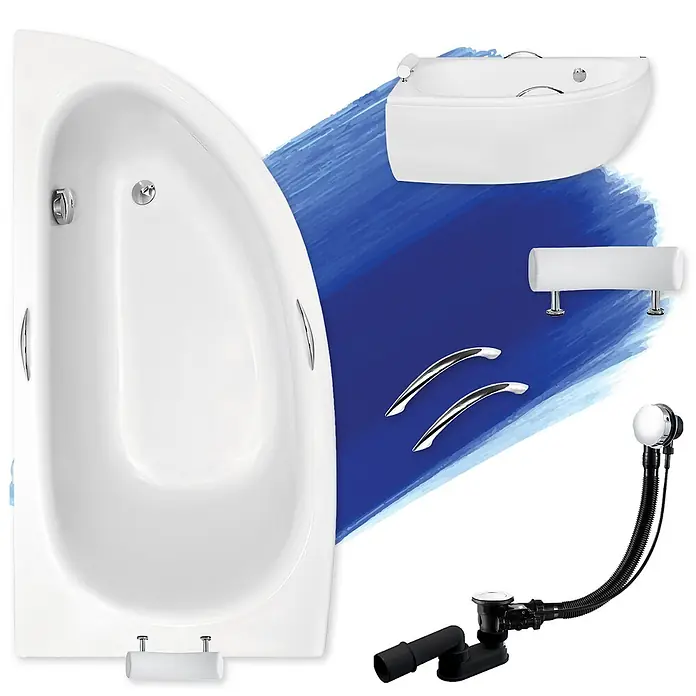Bad Land Eckbadewanne - L x B: 150 x 70 cm, Sanitäracryl, Weiß - Weiße Eckbadewanne mit Chromgriffen, weißer Kopfstütze und Ablaufgarnitur.