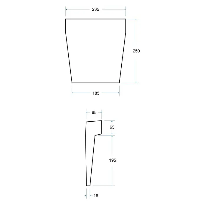 Bad Land Eckbadewanne - L x B: 130 x 85 cm, Sanitäracryl, Weiß - Technische Zeichnung eines konischen Pflanzgefäßes (250mm Höhe, 235mm obere Breite, 185mm untere Breite) und seines 195mm hohen, konischen Stützbeins.