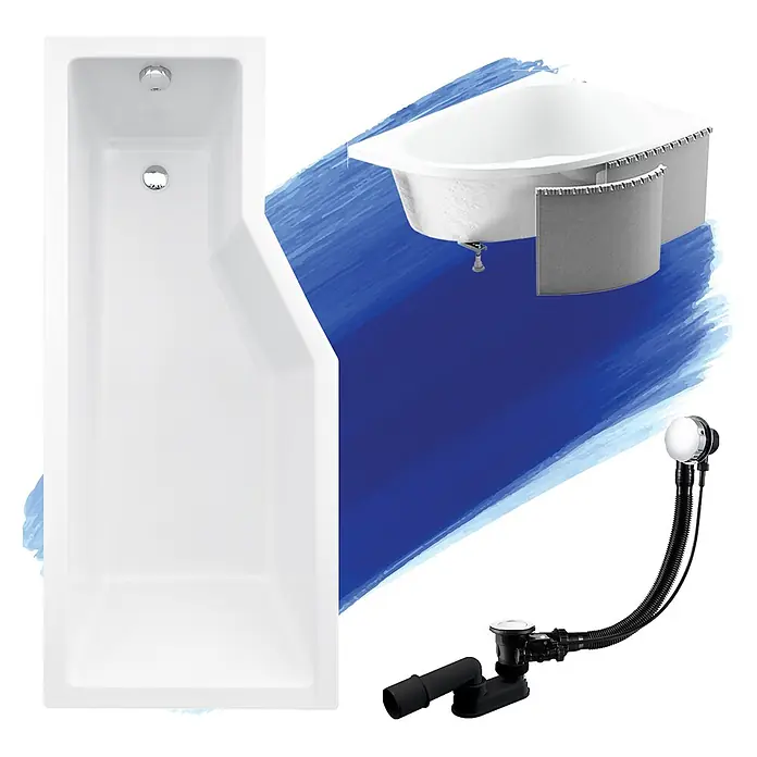 Bad Land Eckbadewanne - L x B: 170 x 75 cm, Sanitäracryl, Weiß - Weiße Rechteck- und Eckbadewannen mit einem verchromten und schwarzen Ab- und Überlaufset.