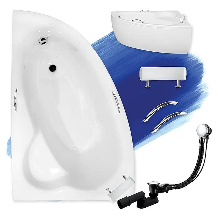 Bad Land Eckbadewanne NATALIA PREMIUM Acrylwanne 150 x 100 cm links Weiß m. Acrylschürze - L x B: 150 x 100 cm, Sanitäracryl, Weiß - Weißes Eckbadewannen-Set mit Kopfstütze, Haltegriffen, Abfallgarnitur und Standfüßen.