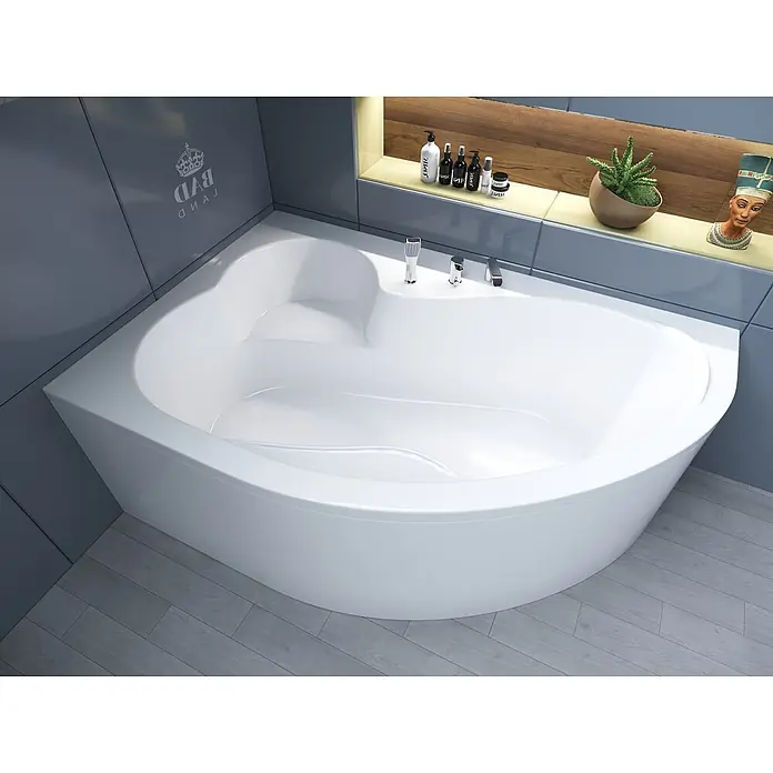 Bad Land Eckbadewanne MEGA Acryl-Eckwanne 160 x 105 cm links Weiß - Sanitäracryl, Weiß - Weiße Acryl-Eckbadewanne mit integrierten Armaturen, in einem modernen Badezimmer installiert.