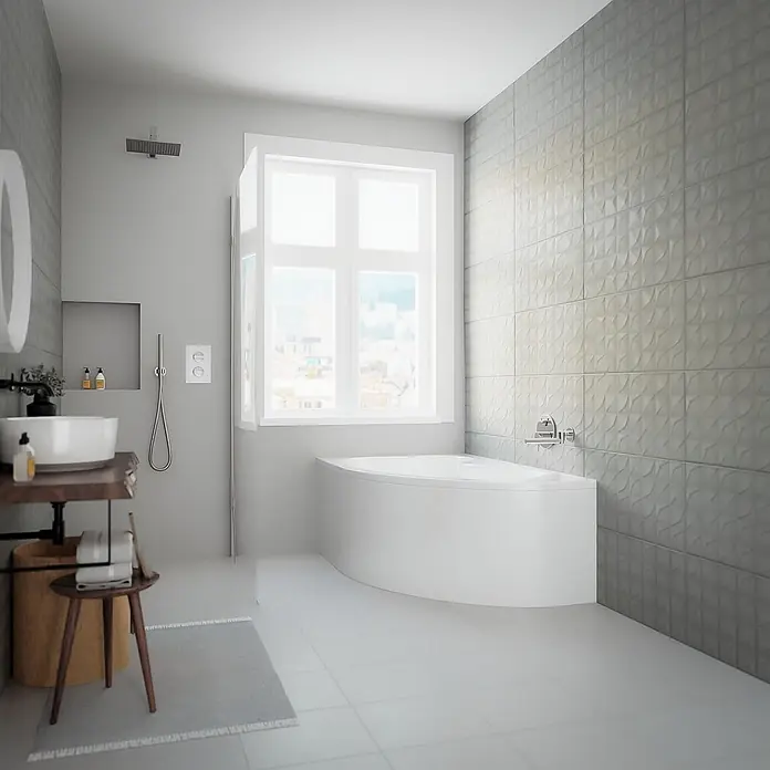 Bad Land Eckbadewanne MEGA Acryl-Eckwanne 160 x 105 cm links Weiß, inkl. Acrylschürze - Sanitäracryl, Weiß - Ein modernes grau-weißes Badezimmer mit Eckbadewanne, Wandbrause und Waschtisch mit Aufsatzwaschbecken.