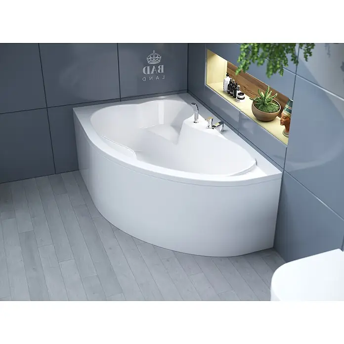 Bad Land Eckbadewanne MEGA Acryl-Eckwanne 160 x 105 cm links Weiß, inkl. Acrylschürze - Sanitäracryl, Weiß - Weiße Eckbadewanne mit Chromarmaturen in einem modernen Badezimmer.