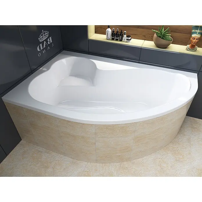 Bad Land Eckbadewanne MEGA Acryl-Eckwanne 160 x 105 cm links Weiß - Sanitäracryl, Weiß - Weiße Eckbadewanne mit abgerundeter Front, in einer gefliesten Badecke platziert. Ergonomisches Design für komfortables Baden.