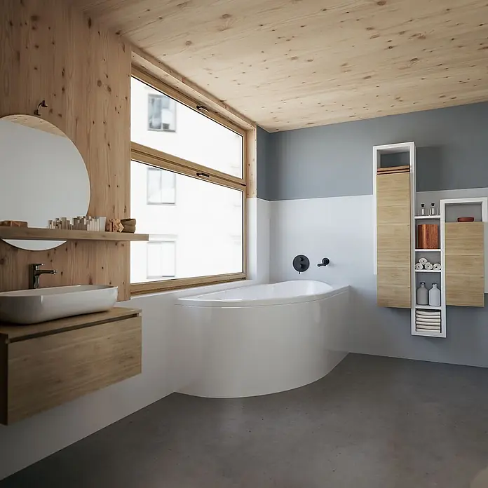 Bad Land Eckbadewanne MIKI Acryl-Eckwanne 145 x 85 cm rechts Weiß - Sanitäracryl, Weiß - Stilvolles Badezimmer mit hölzernem Waschtisch, weißem Waschbecken, moderner Badewanne und Naturholz-Akzenten.