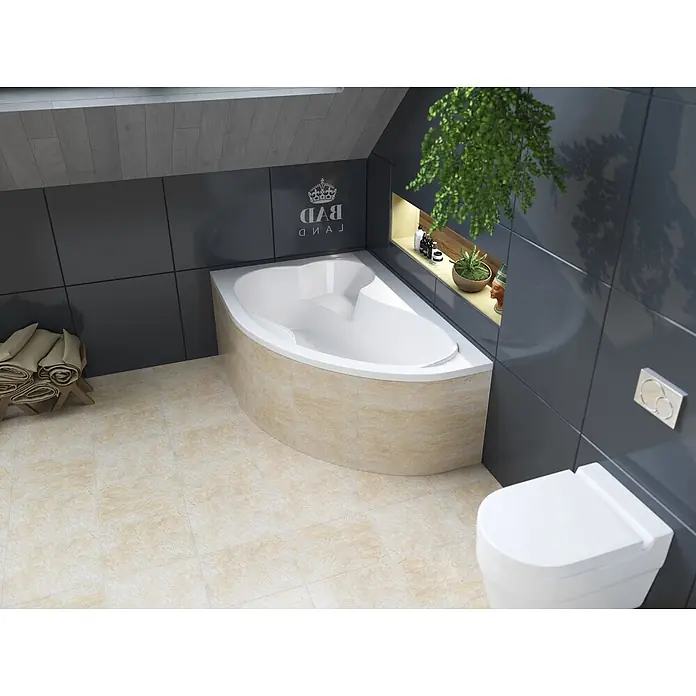 Bad Land Eckbadewanne MEGA Acryl-Eckwanne 160 x 105 cm links Weiß - Sanitäracryl, Weiß - Weiße Eckbadewanne mit beigefliester Basis, in ein modernes Badezimmer integriert.