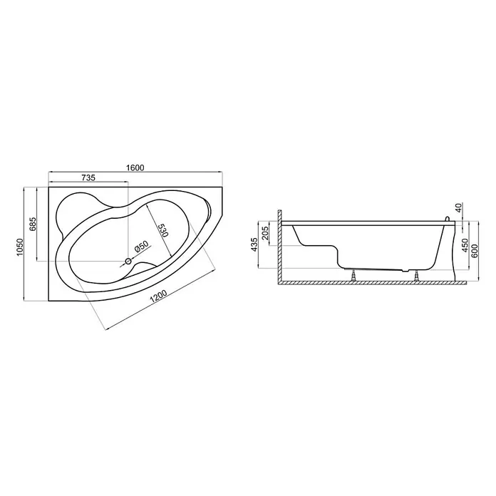 Bad Land Eckbadewanne MEGA Acryl-Eckwanne 160 x 105 cm links Weiß, inkl. Acrylschürze - Sanitäracryl, Weiß - Technische Zeichnung einer Eckbadewanne, mit Draufsicht und Seitenansicht samt Maßen.