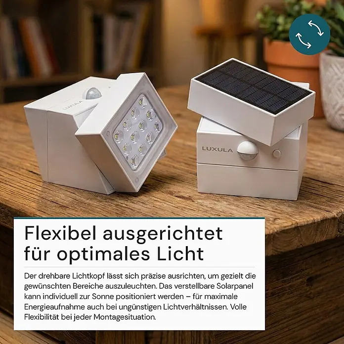 Luxula Solar-Außenwandleuchte - L x B x H: 9,5 x 8,8 x 7,3 cm, Weiß, IP65, 300 lm - Weißer solarbetriebener LED-Strahler mit drehbarem Lichtkopf und verstellbarem Solarpanel für flexible Ausrichtung und optimale Energieaufnahme.