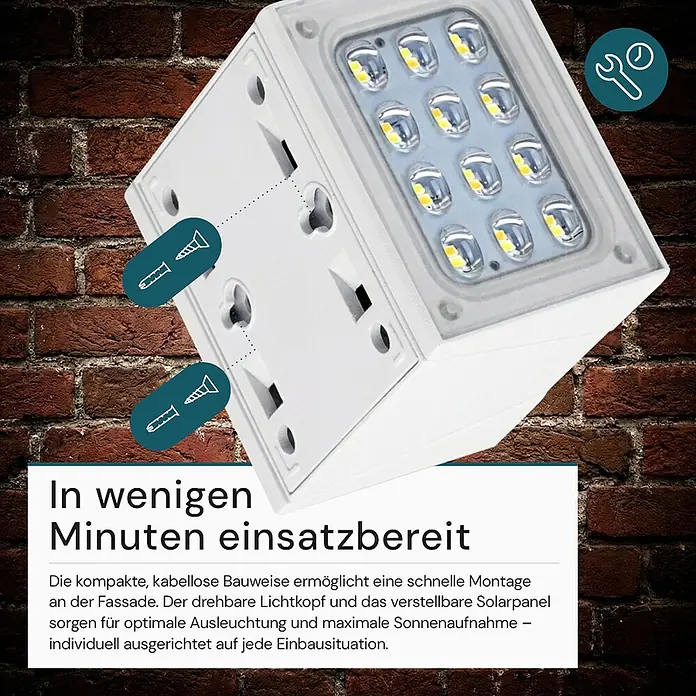 Luxula Solar-Außenwandleuchte - L x B x H: 9,5 x 8,8 x 7,3 cm, Weiß, IP65, 300 lm - Weißes, quadratisches Solar-LED-Licht, das seine Befestigungslöcher für eine einfache Montage zeigt.