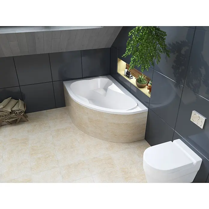 Bad Land Eckbadewanne MEGA Acryl-Eckwanne 160 x 105 cm links Weiß, inkl. Styroporverkleidung - Sanitäracryl, Weiß - Moderne weiße Eckbadewanne mit hellbeiger Verkleidung, in einem Badezimmer installiert.