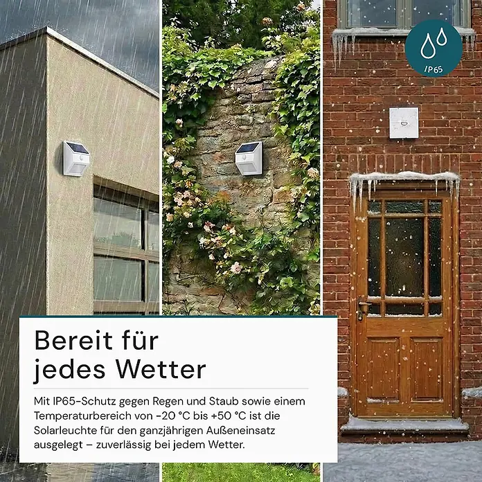 Luxula Solar-Außenwandleuchte - L x B x H: 9,5 x 8,8 x 7,3 cm, Weiß, IP65, 300 lm - Weiße Solar-Außenleuchte an verschiedenen Wänden, demonstriert Wetterbeständigkeit bei Regen, Sonnenschein und Schnee.