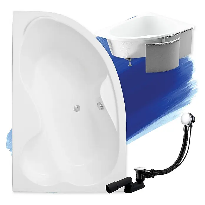 Bad Land Eckbadewanne MEGA Acryl-Eckwanne 160 x 105 cm links Weiß, inkl. Styroporverkleidung - Sanitäracryl, Weiß - Weiße Eckbadewanne aus Acryl mit Abflusssystem und grauen Blenden, auf blauem Hintergrund.