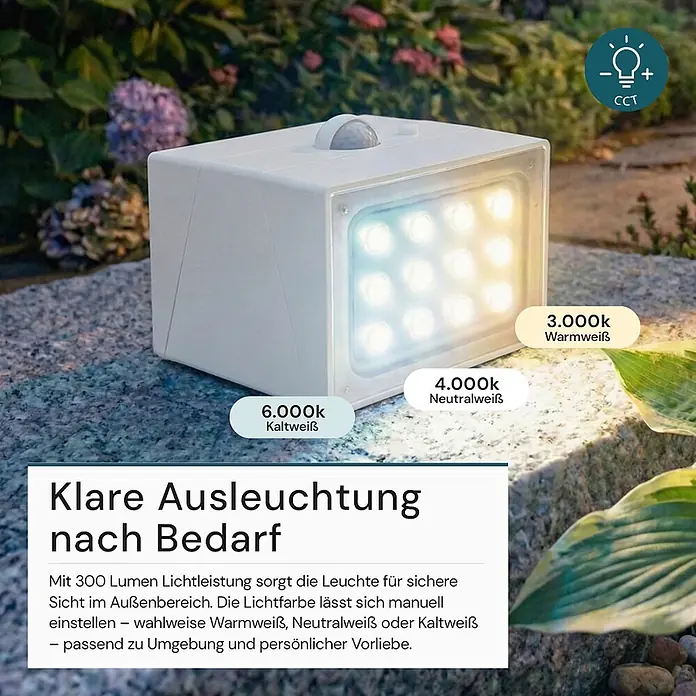 Luxula Solar-Außenwandleuchte - L x B x H: 9,5 x 8,8 x 7,3 cm, Weiß, IP65, 300 lm - Weißes, rechteckiges Außenlicht mit Bewegungsmelder auf Stein, zeigt einstellbare Lichtfarben von 3000K Warmweiß bis 6000K Kaltweiß.